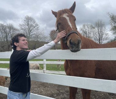 Enzo smiling and petting a chestnut horse over a white fence